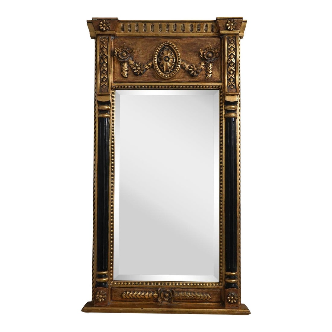 Royal Dalton Regency Style Gold Leaf Beveled Mirror 24 x 43: Royal Dalton Regency Style Gold Leaf Beveled Mirror 24 x 43 This exquisite Royal Dalton beveled glass mirror features a stunning gold leaf finish and a Regency style design, accentuated by elegant bla