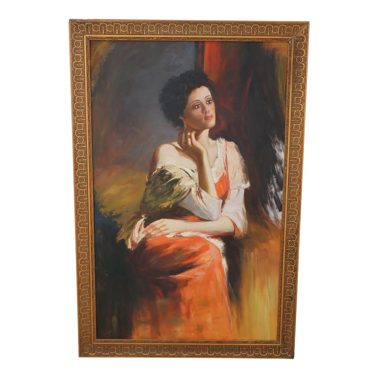 Large Framed Oil Painting Gazing Woman Vibrant Colors Gold Frame: Large Framed Oil Painting Gazing Woman Vibrant Colors Gold Frame This stunning large oil painting on canvas features a gazing woman, showcasing vibrant colors that enhance its impressive presence. Set