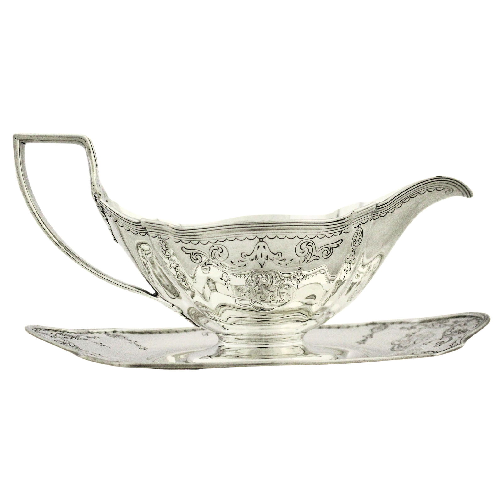 Gorham Sterling Silver Gravy Boat with Matching Engraved Under-Tray (1 of 9)