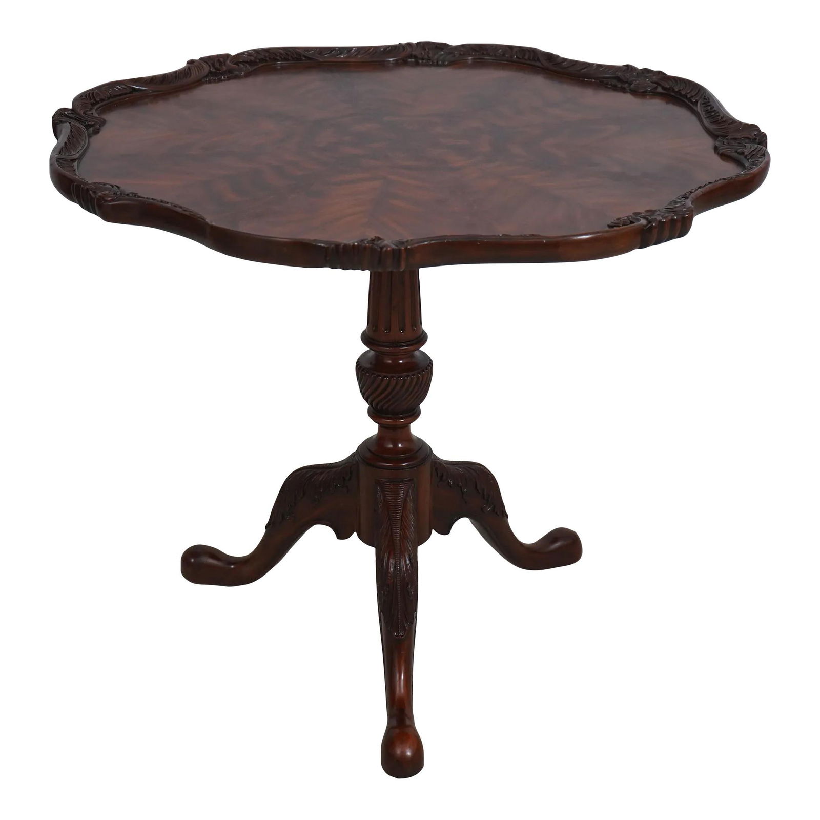 Maitland Smith Flame Mahogany Pedestal Table Traditional Design: Maitland Smith Flame Mahogany Pedestal Table Traditional Design This exquisite Maitland Smith Flame Mahogany Pedestal Pie Crust Table showcases the elegance of traditional design with its graceful Que