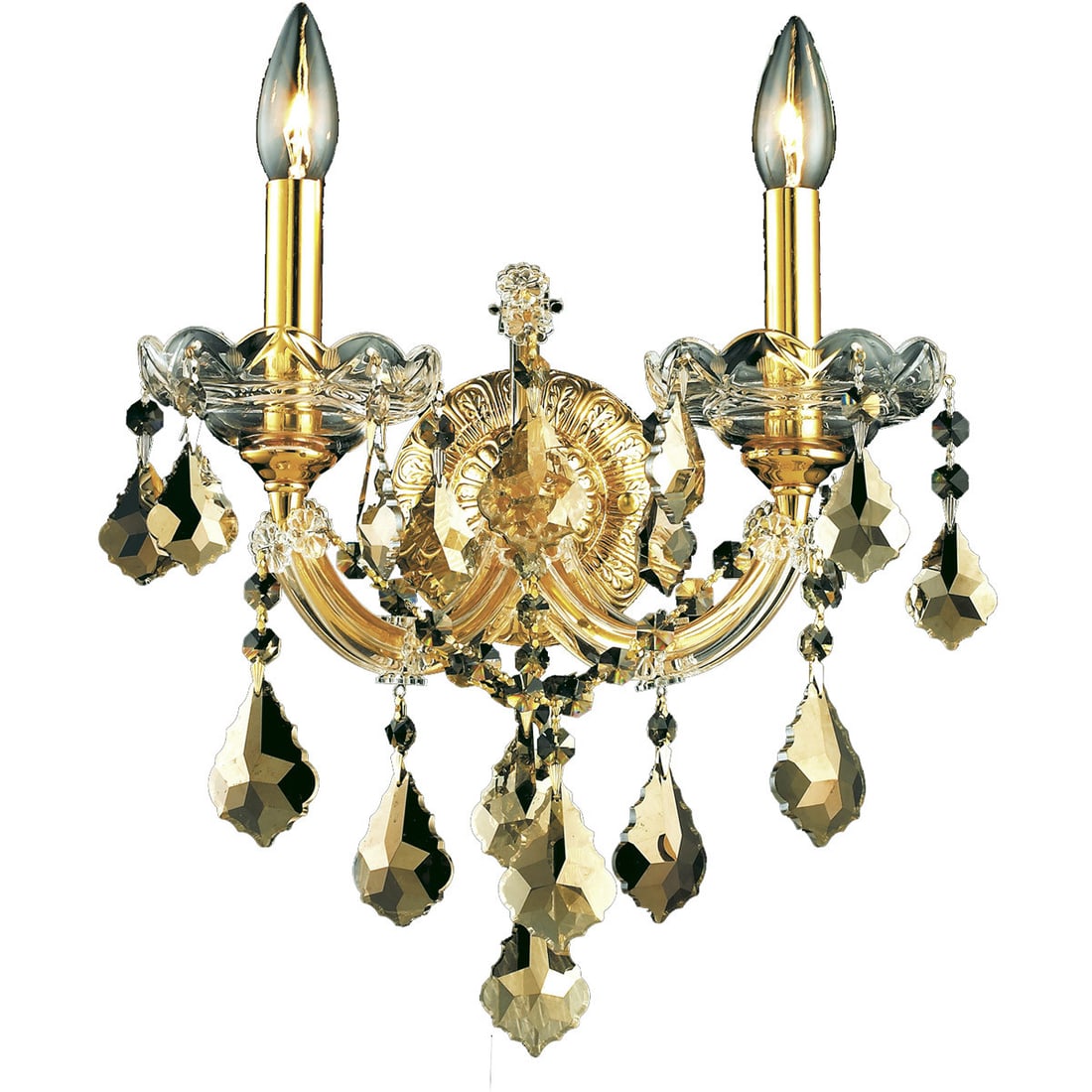 Elegant Lighting Maria Theresa 2 Light Gold Wall Sconce with Golden Teak Crystals 16 inch: Elegant Lighting Maria Theresa 2 Light Gold Wall Sconce with Golden Teak Crystals 16 inch Illuminate your space with this stunning 16-inch Wall Sconce, designed in a traditional style featuring an ele