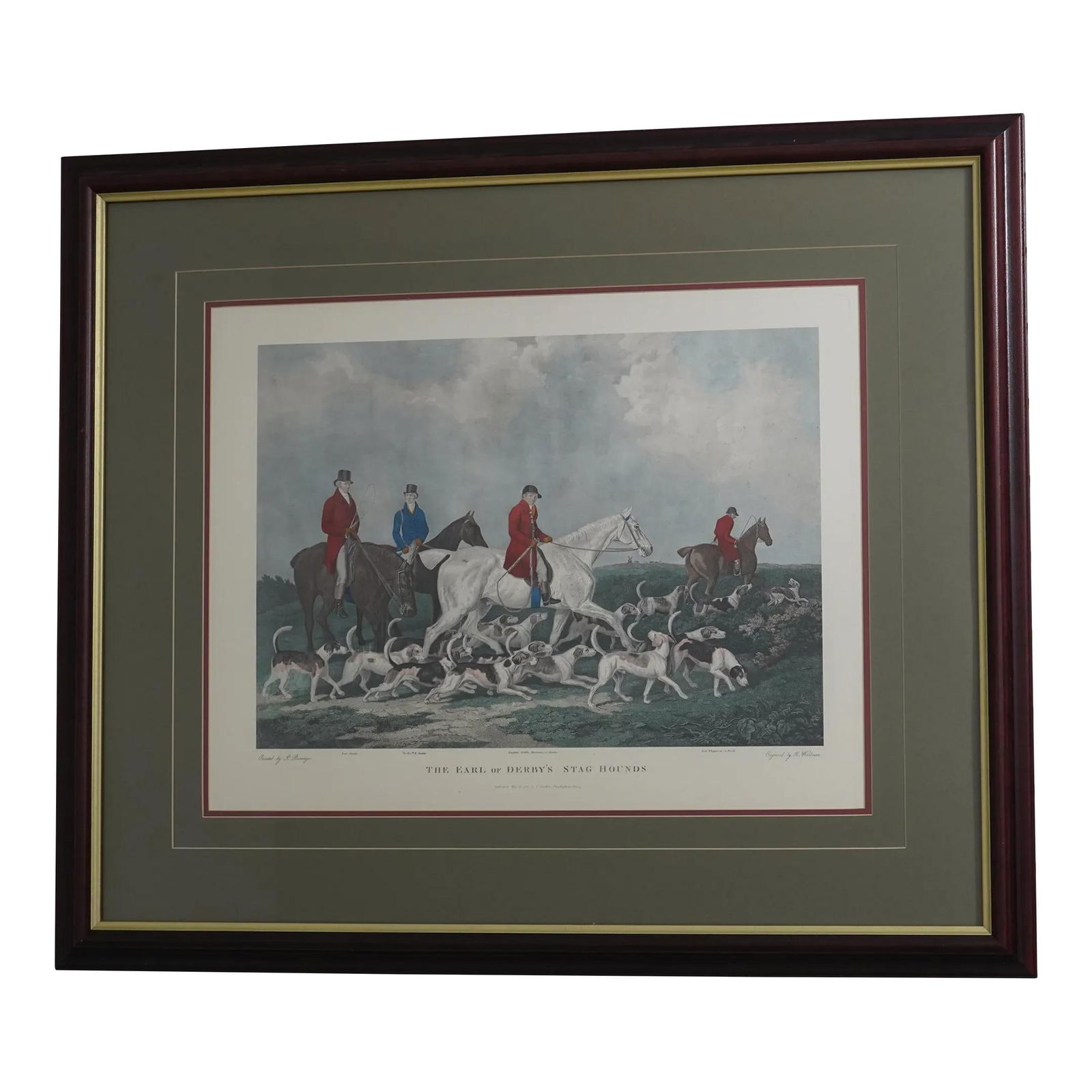 Antique 1873 English Hunt Scene Colored Engraving Framed 39.5x33.5: Antique 1873 English Hunt Scene Colored Engraving Framed 39.5x33.5 This stunning English Hunt Scene colored engraving, dating back to approximately 1873, showcases a vibrant depiction of a classic hun