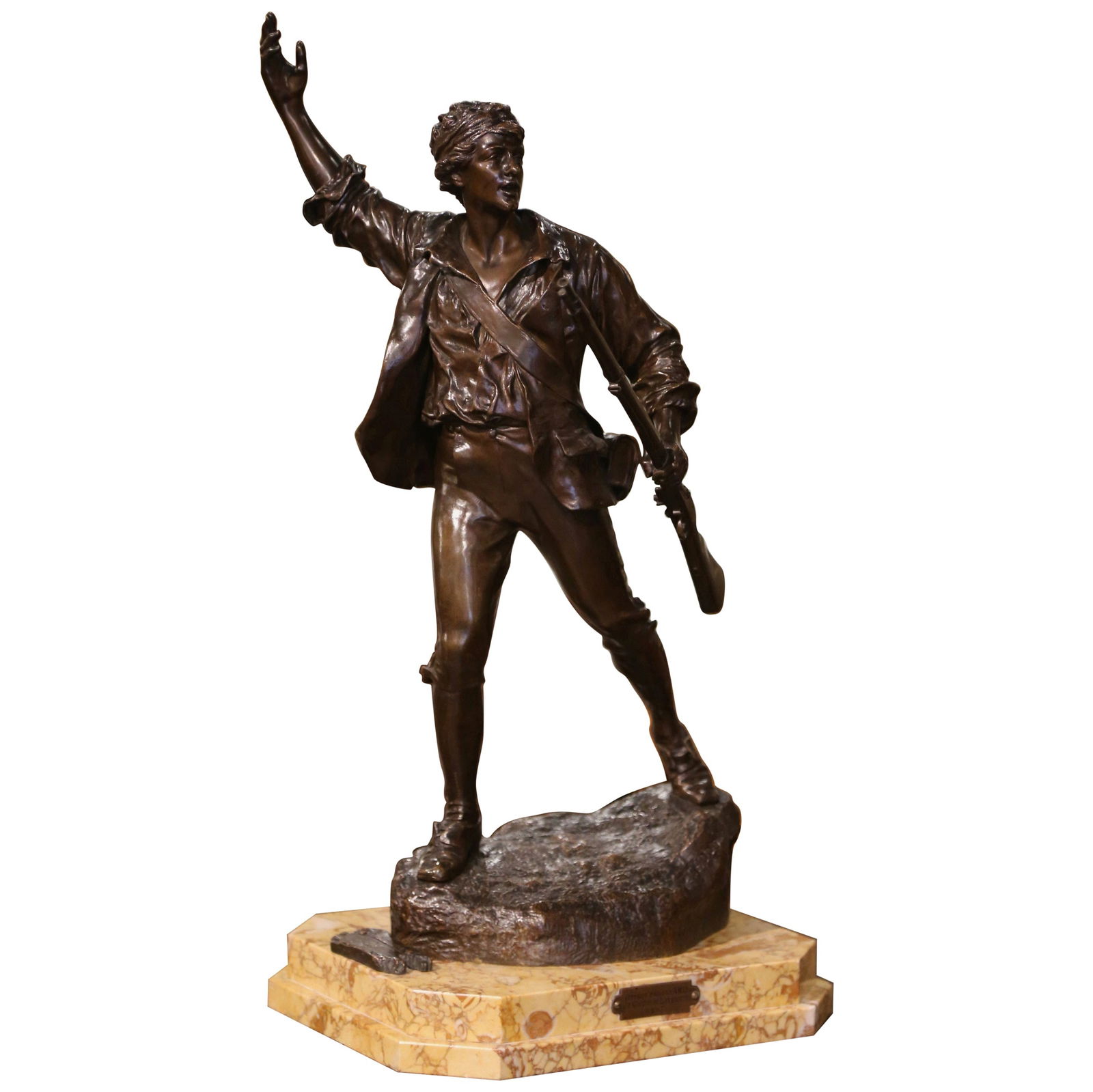 19th Century French Bronze Sculpture Volontaire de 92 by P. Choppin on Marble Base: 19th Century French Bronze Sculpture Volontaire de 92 by P. Choppin on Marble Base This exquisite 19th Century French bronze sculpture titled "Volontaire de 92" elegantly captures a young French revol