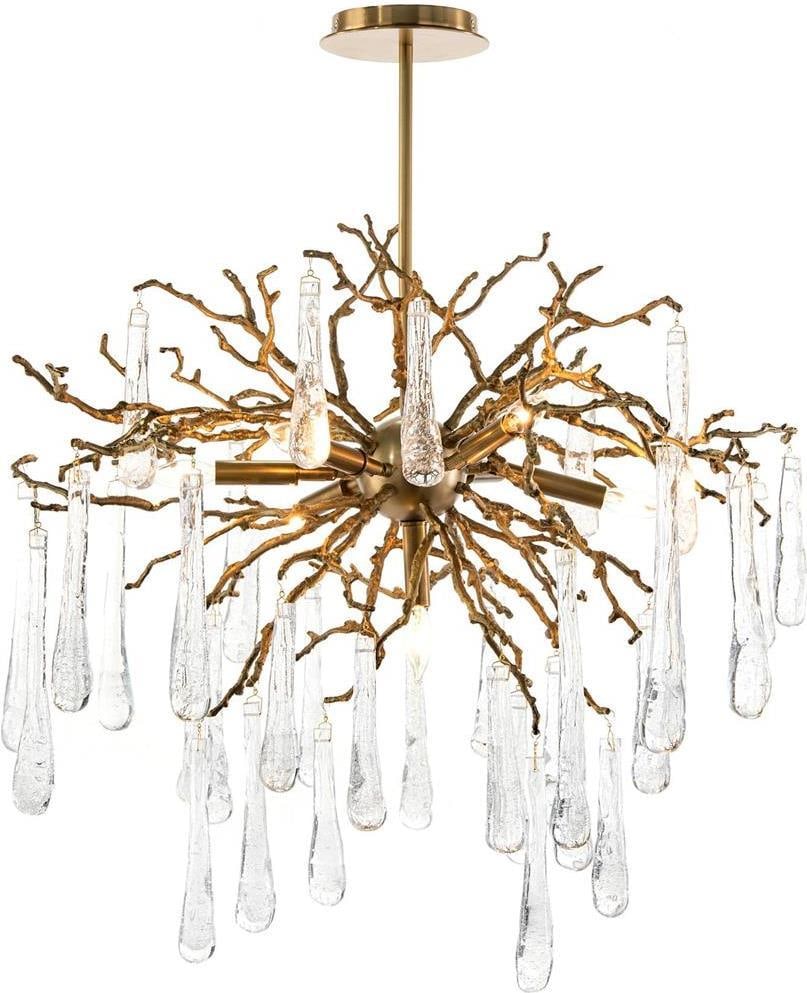John-Richard 7-Light Brass and Hand-Blown Glass Chandelier: John-Richard 7-Light Brass and Hand-Blown Glass Chandelier Elevate your space with this luxurious 7-light chandelier, exquisitely crafted from brass and hand-blown glass teardrops. Designed in an orga