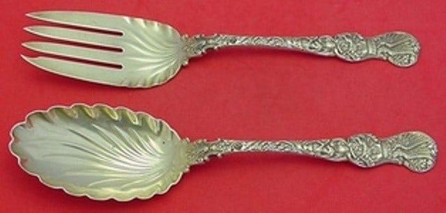 Durgin Heraldic Sterling Silver Salad Serving Set 2pc Fluted Bowl 9" (1 of 2)