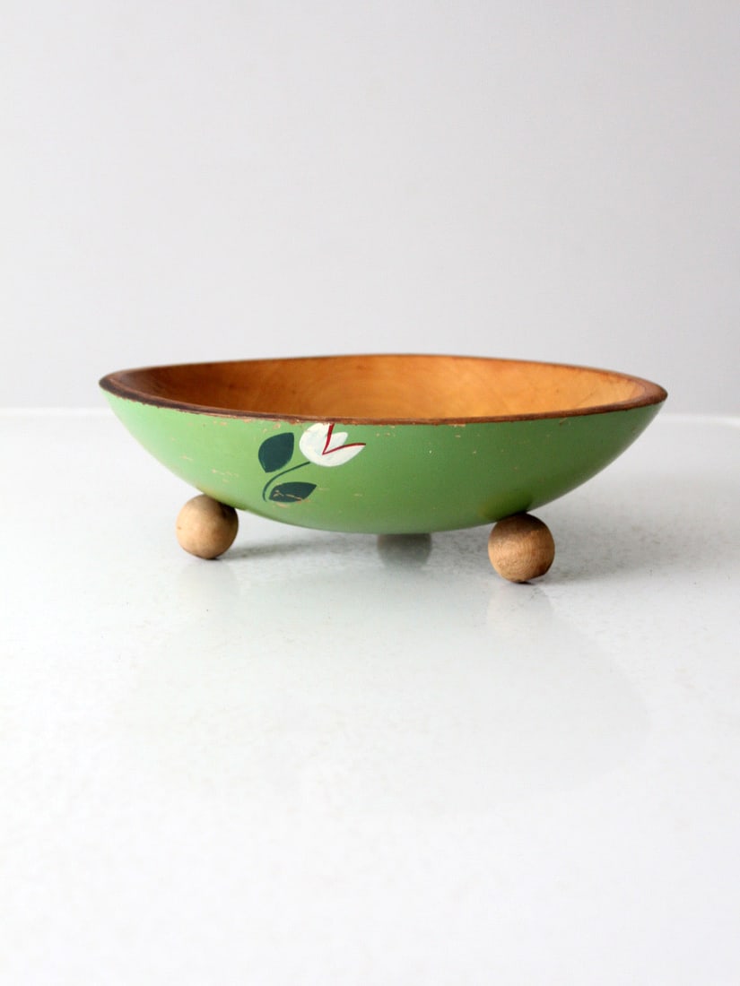 Vintage Hand-Painted Lime Green Wood Bowl with Floral Design (1 of 9)