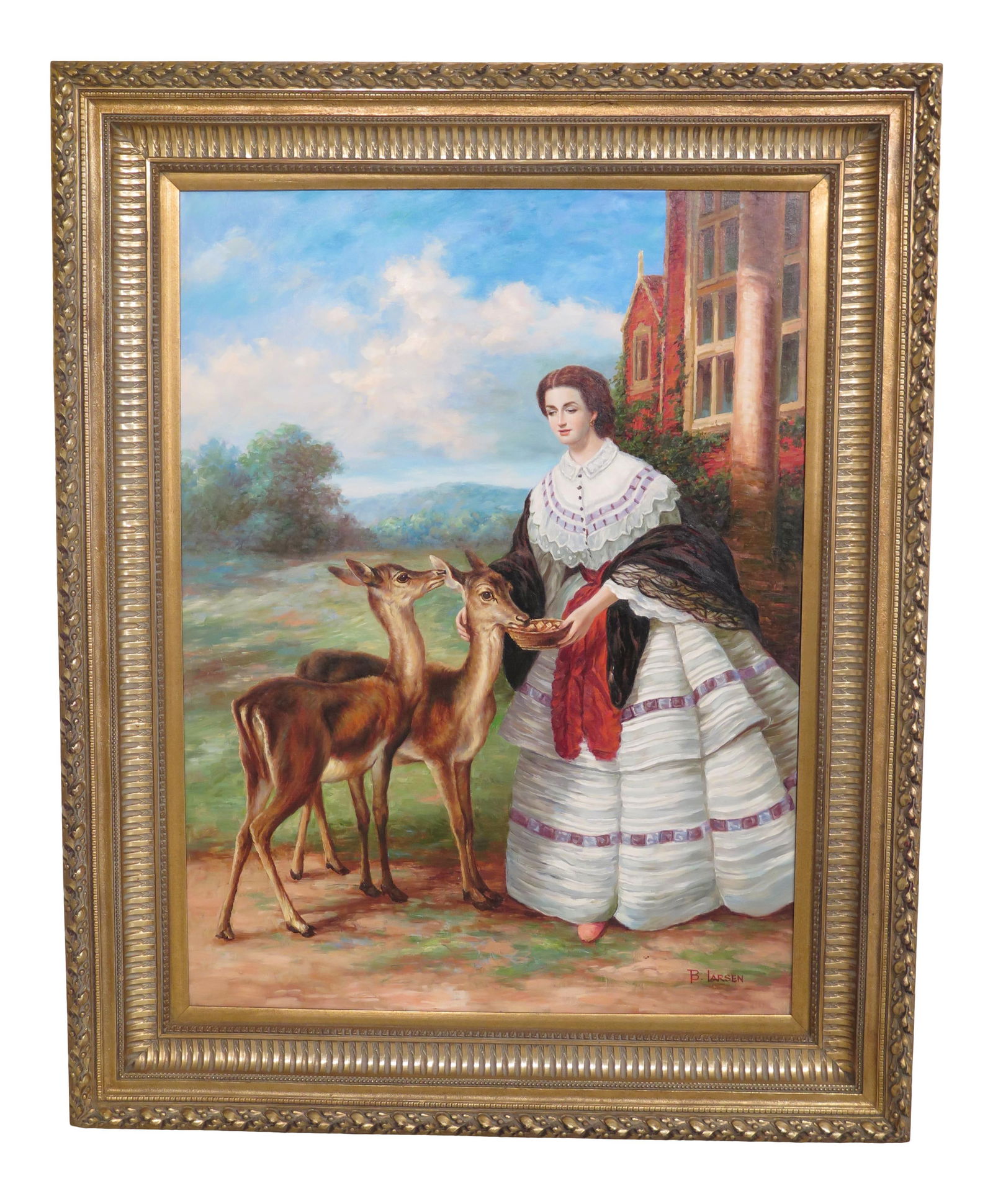 B. Larsen 1990s Framed Oil Painting Woman Feeding Deer 41 x 51: B. Larsen 1990s Framed Oil Painting Woman Feeding Deer 41 x 51 This exquisite vintage oil painting titled 'Woman Feeding Deer' captures a serene moment in nature. Hand-painted by artist B. Larsen, it