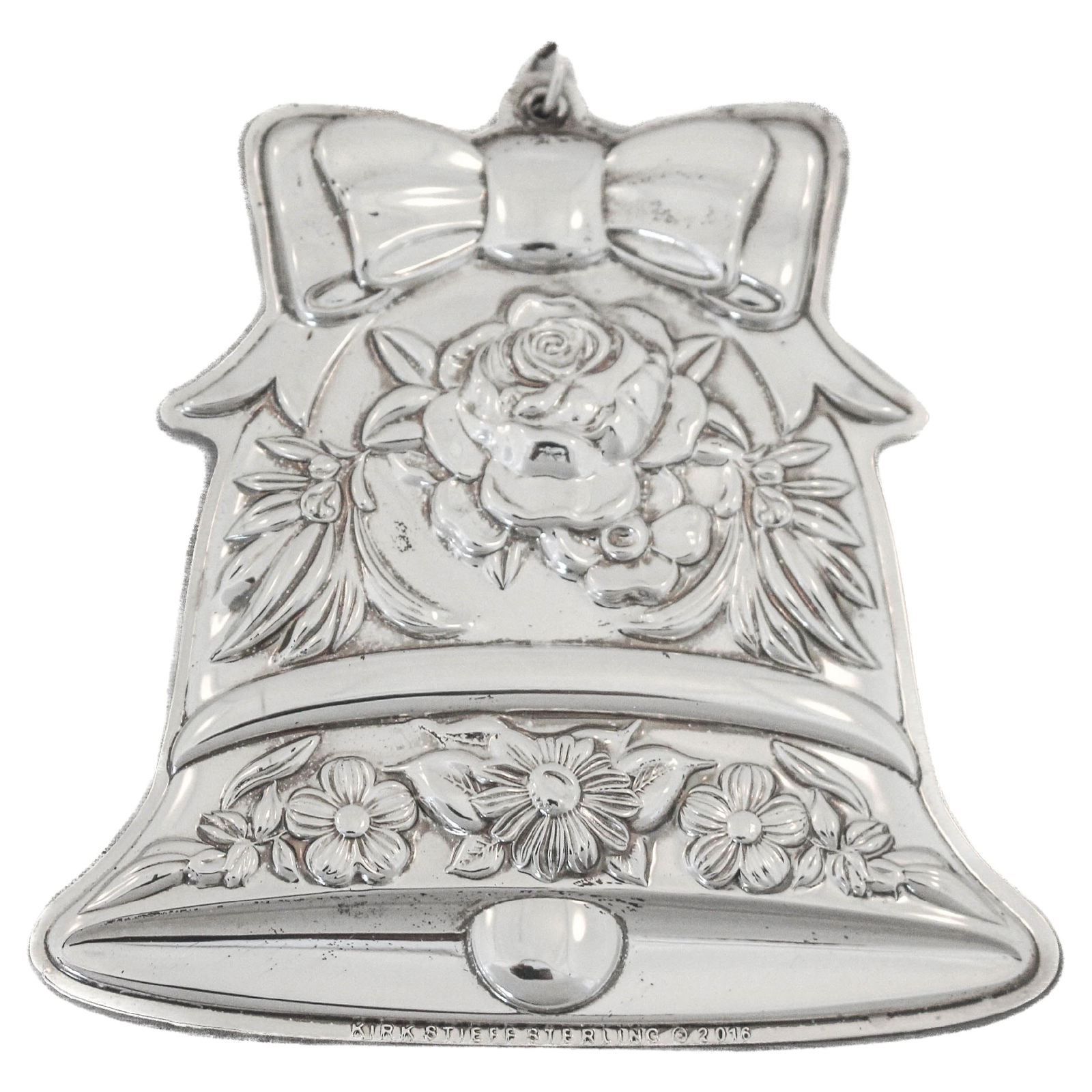 Kirk-Stieff Sterling Silver Christmas Bell Ornament 2016: Kirk-Stieff Sterling Silver Christmas Bell Ornament 2016 Celebrate the holiday season with this exquisite Sterling Silver Christmas Bell Ornament from the renowned Kirk-Stieff Silver Company, crafted
