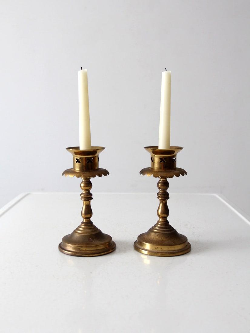 Elegant Vintage Brass Candlestick Holders Pair Architectural Design (1 of 7)