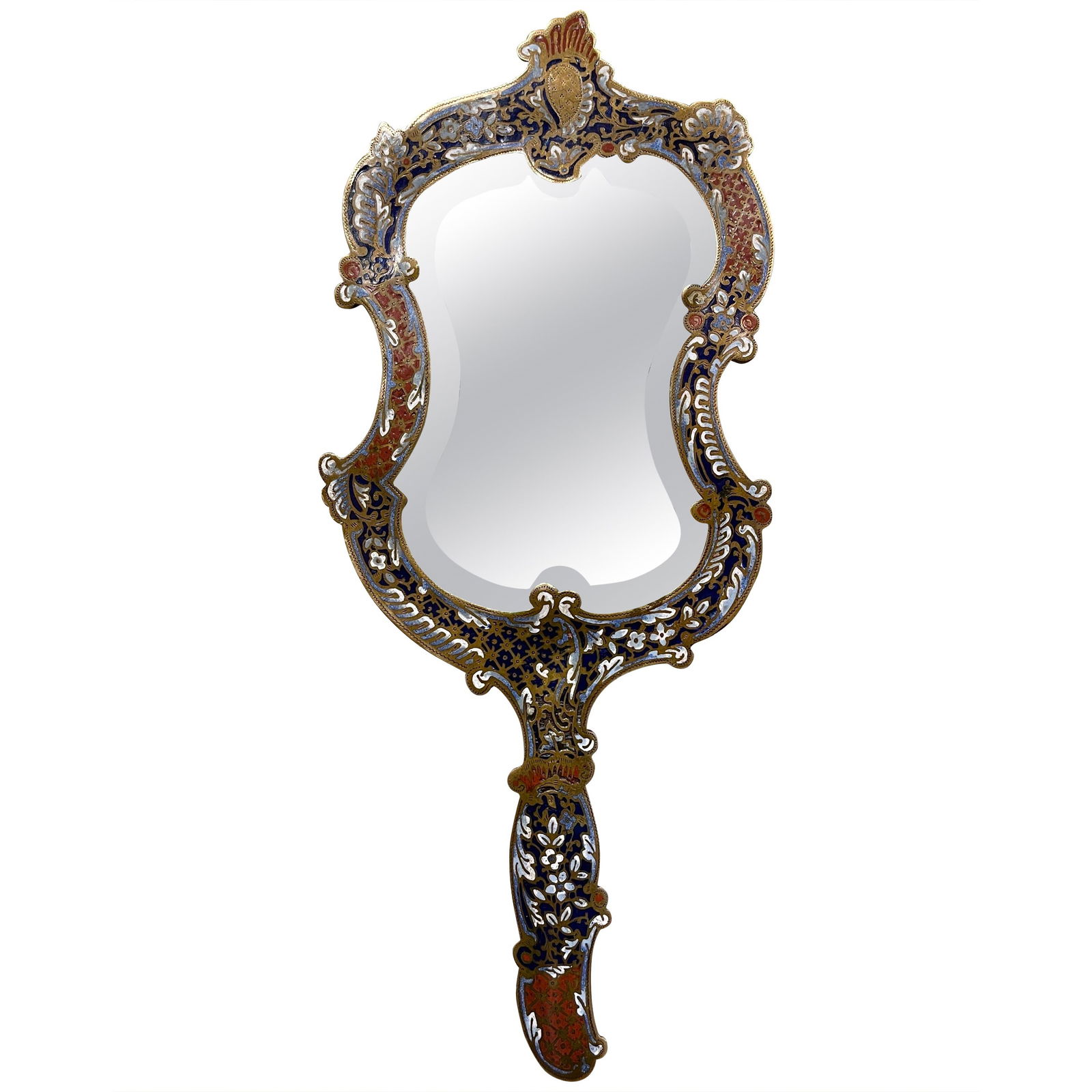 19th Century French Brass Champleve Vanity Mirror Beveled Glass: 19th Century French Brass Champleve Vanity Mirror Beveled Glass This stunning 19th Century French vanity mirror beautifully combines functionality with artistry. Crafted in France circa 1870, this han