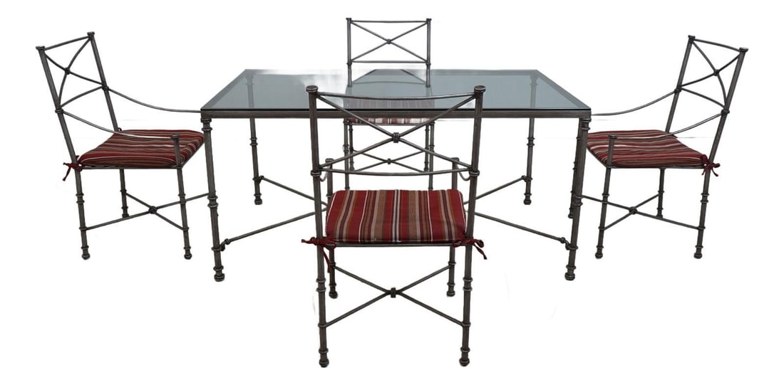 Regency Iron 5 Piece Outdoor Dining Set Silver Pewter Finish: Regency Iron 5 Piece Outdoor Dining Set Silver Pewter Finish Enhance your outdoor dining experience with this elegant Regency Iron 5 Piece Table & Chair Set. Featuring high-quality construction, this
