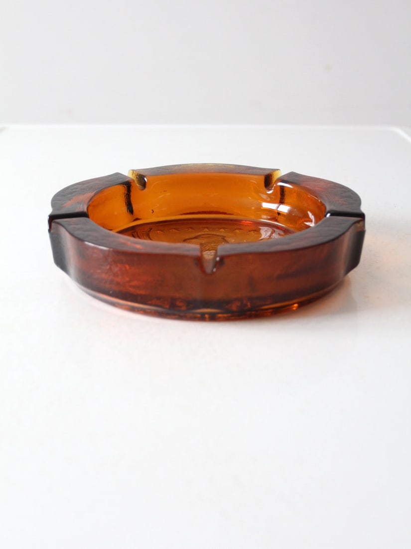 Vintage Amber Glass Ashtray with Federal Eagle Design 10 Inch - 2