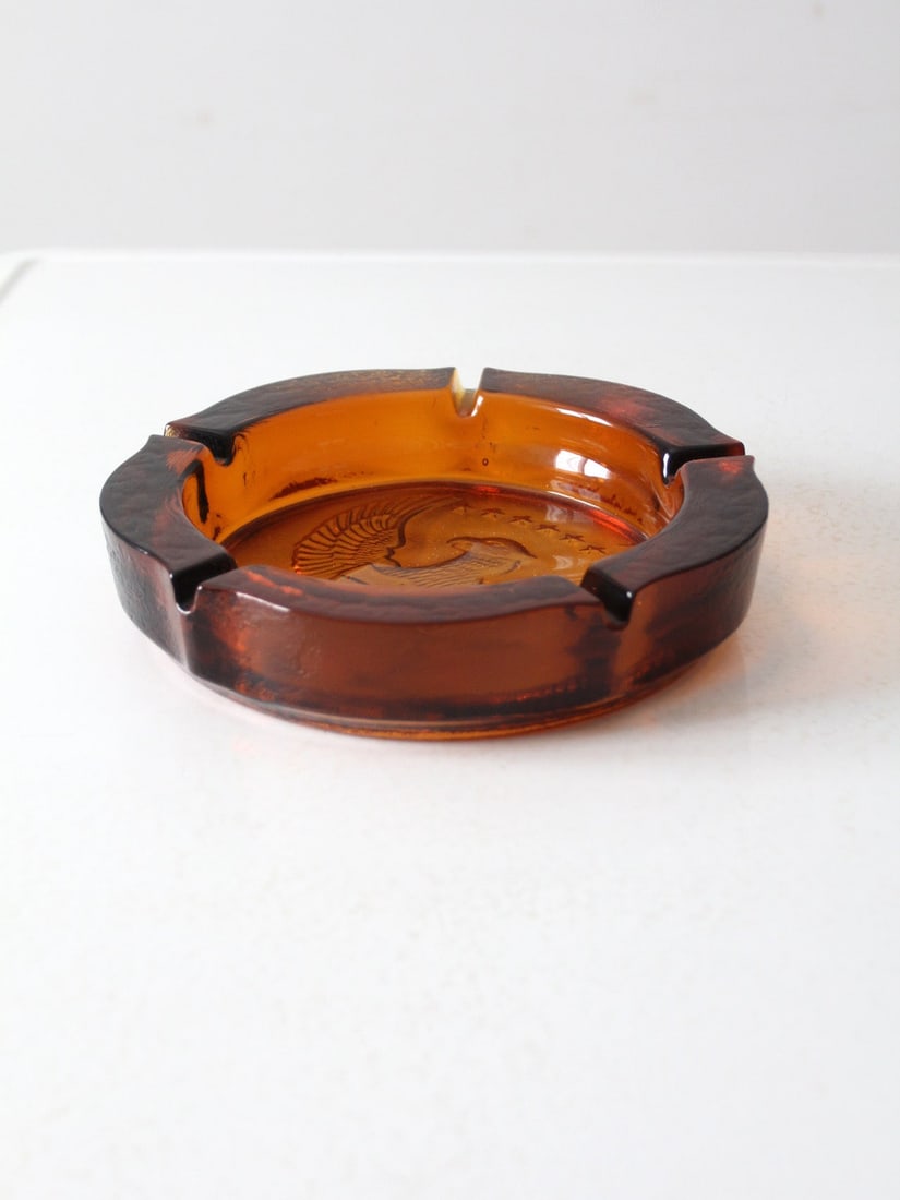 Vintage Amber Glass Ashtray with Federal Eagle Design 10 Inch - 4