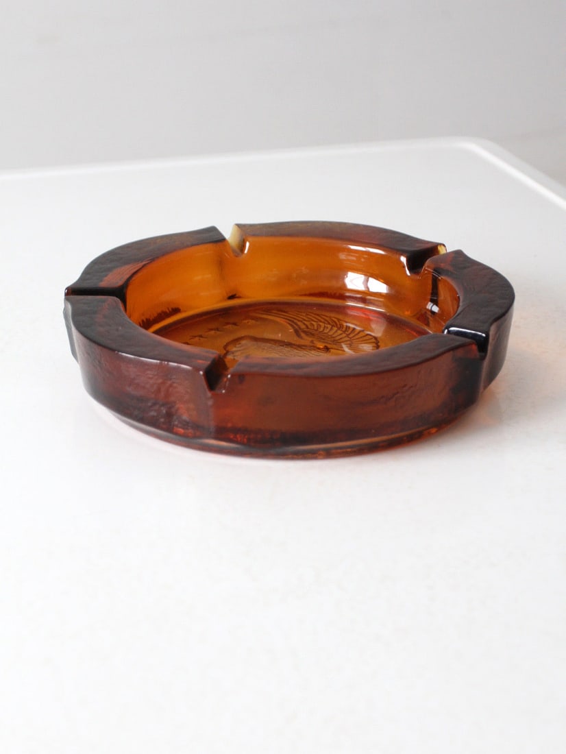 Vintage Amber Glass Ashtray with Federal Eagle Design 10 Inch - 8