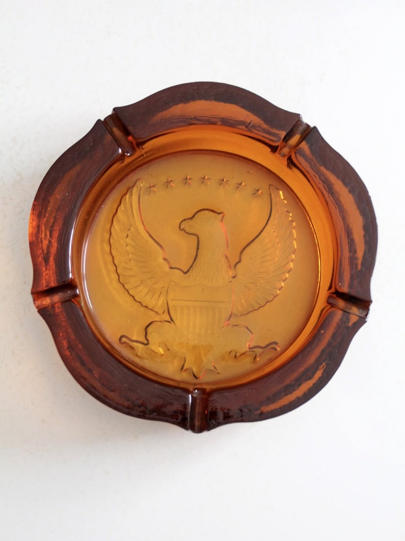 Vintage Amber Glass Ashtray with Federal Eagle Design 10 Inch - 9