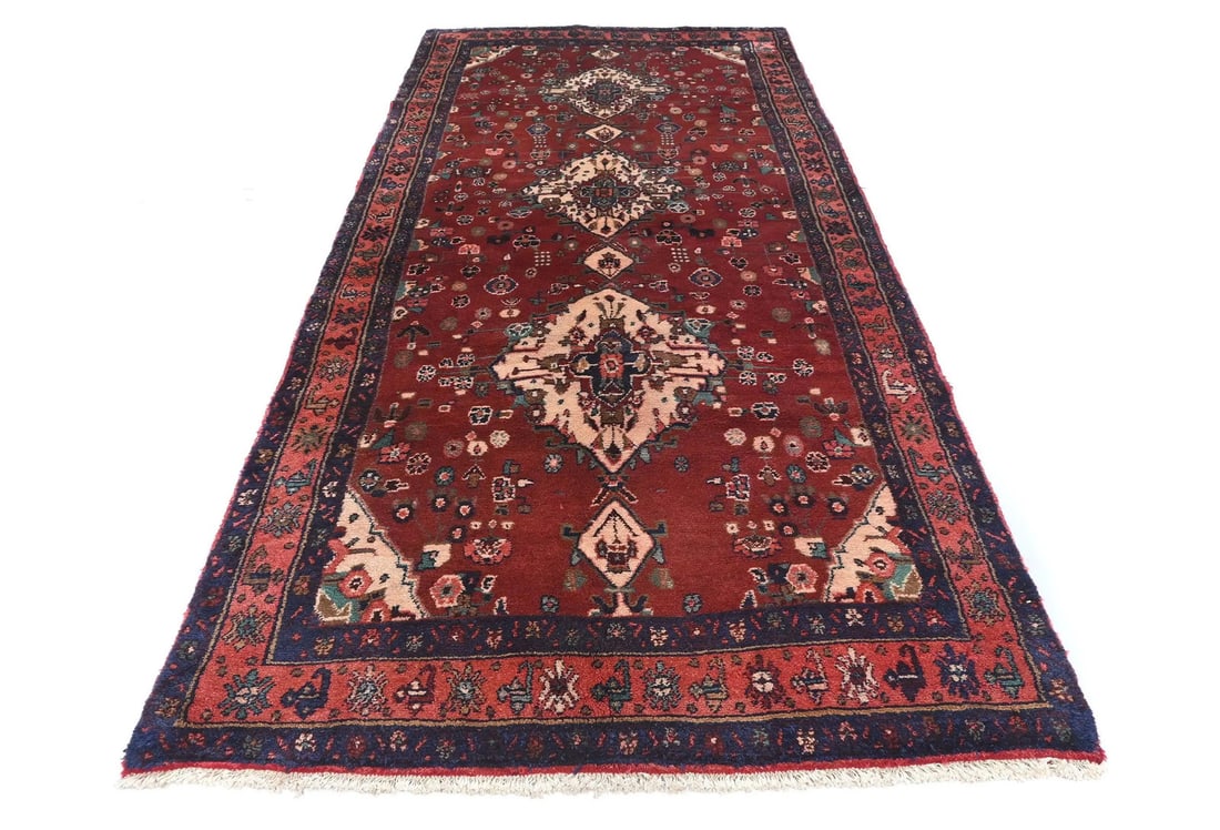 Vintage Maroon Red Tribal Floral Hand-Knotted Runner Rug 4'1 x 9'9 - 2