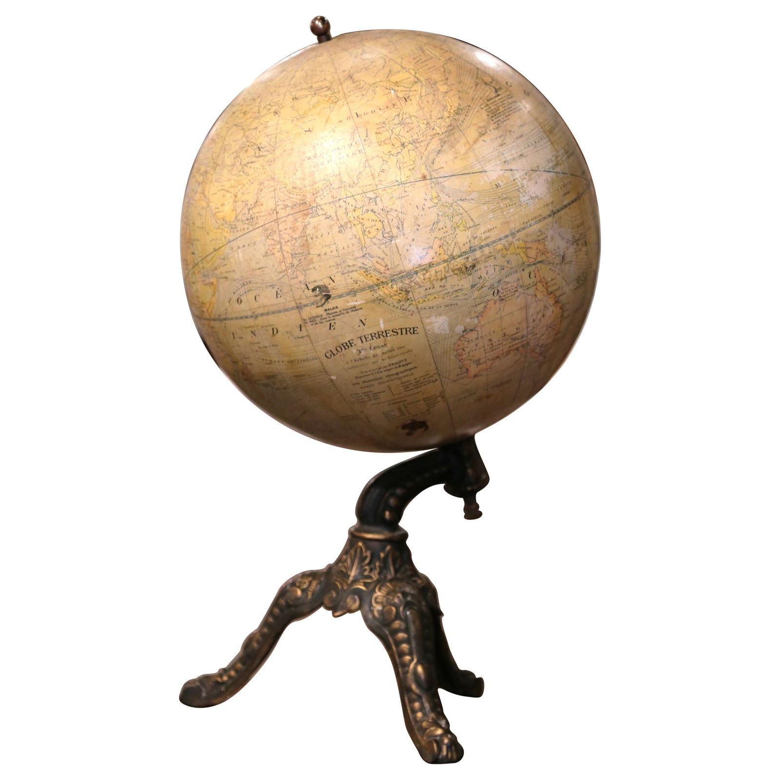 Antique Early 20th Century Belgium Globe by H. Balieus on Iron Stand: Antique Early 20th Century Belgium Globe by H. Balieus on Iron Stand This exquisite Early 20th Century Belgium Equinoctial Globe stands at 21 inches tall with a diameter of 12 inches, making it a