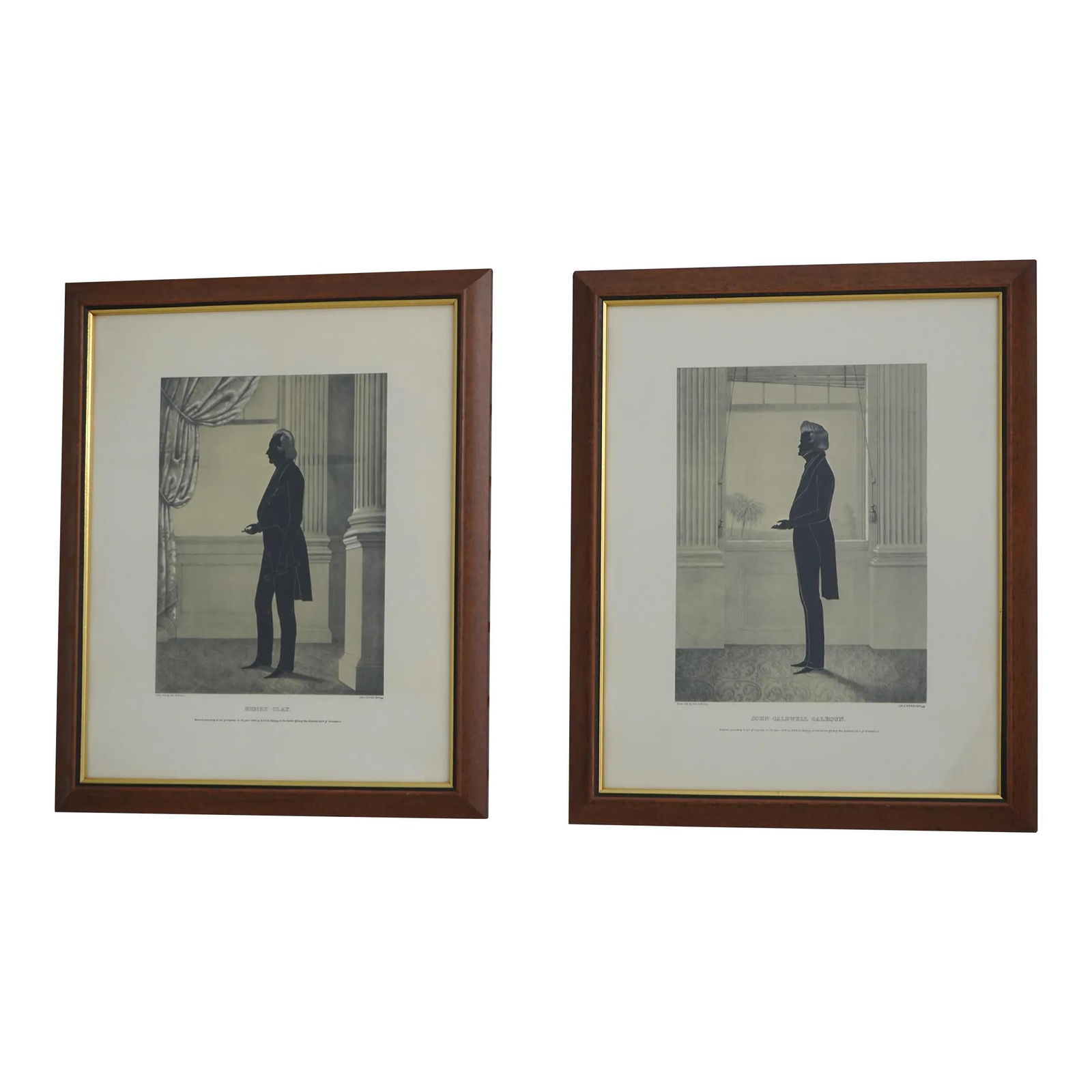 Framed Vintage Silhouettes of State Reps Claw and Calhoon 60 Years Old: Framed Vintage Silhouettes of State Reps Claw and Calhoon 60 Years Old This elegant pair of framed silhouettes showcases the historical figures Henry Claw and John Calhoon, representing a unique