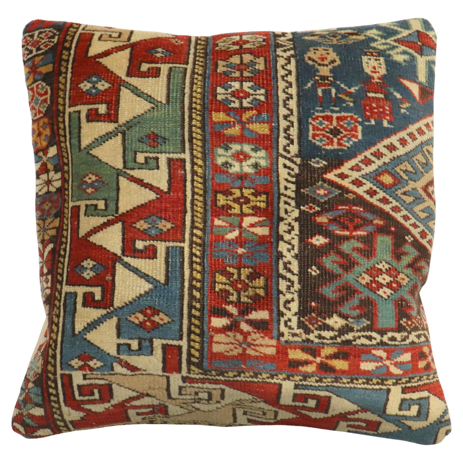 19th Century Caucasian Rug Fragment Pillow with Cotton Back 17 x 18 Inch: 19th Century Caucasian Rug Fragment Pillow with Cotton Back 17 x 18 Inch This pillow is crafted from a 19th-century Caucasian rug, featuring a wool front, cotton back, and zipper closure. The pillow i