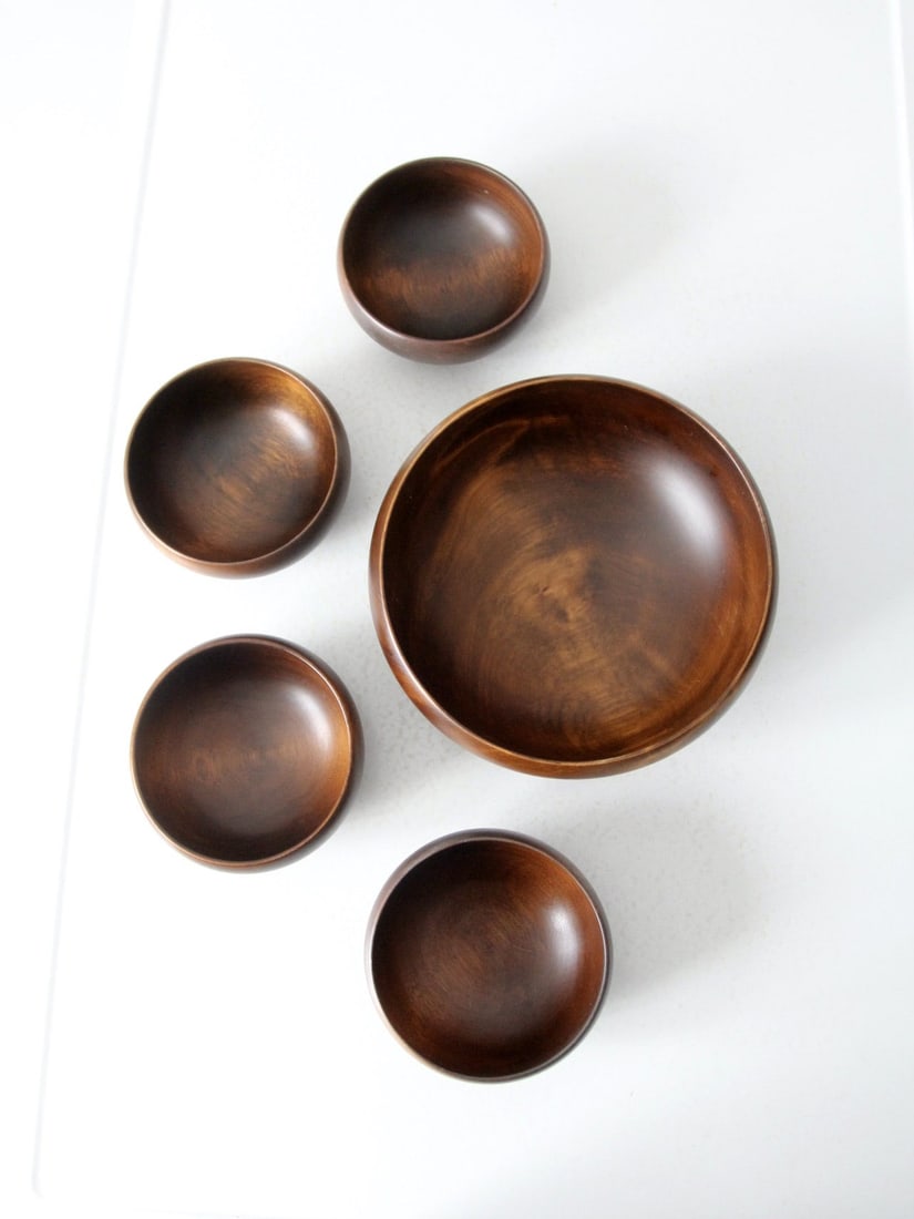 Mid-Century Dark Wood Serving Bowl Set with 4 Bowls (1 of 13)