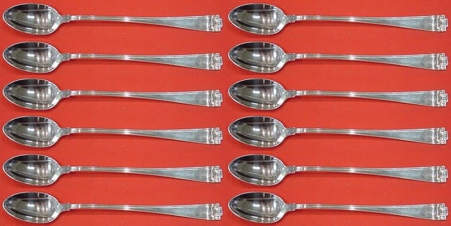 Gorham Etruscan Sterling Silver Iced Tea Spoon Set 12 Pieces Art Deco: Gorham Etruscan Sterling Silver Iced Tea Spoon Set 12 Pieces Art Deco This exquisite 12-piece iced tea spoon set from Gorham features the elegant Etruscan pattern, a stunning representation of Art Dec