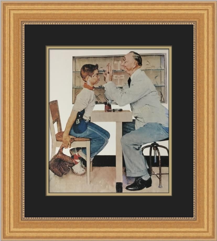 Norman Rockwell New Glasses Custom Framed Print 1975 Americana Art: Norman Rockwell New Glasses Custom Framed Print 1975 Americana Art This stunning Norman Rockwell print titled 'New Glasses' captures the essence of Americana with its charming subject matter. Produced