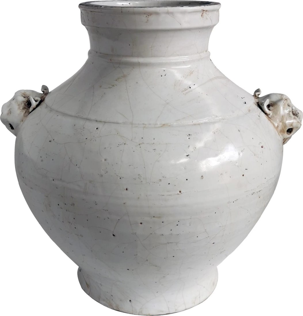 Handmade White Crackle Ceramic Jar with Lion Handles (1 of 1)