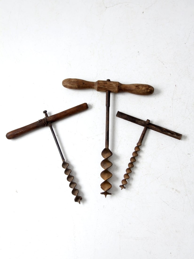 Set of 3 Antique Primitive Hand Beam Augers with Wood Handles (1 of 11)