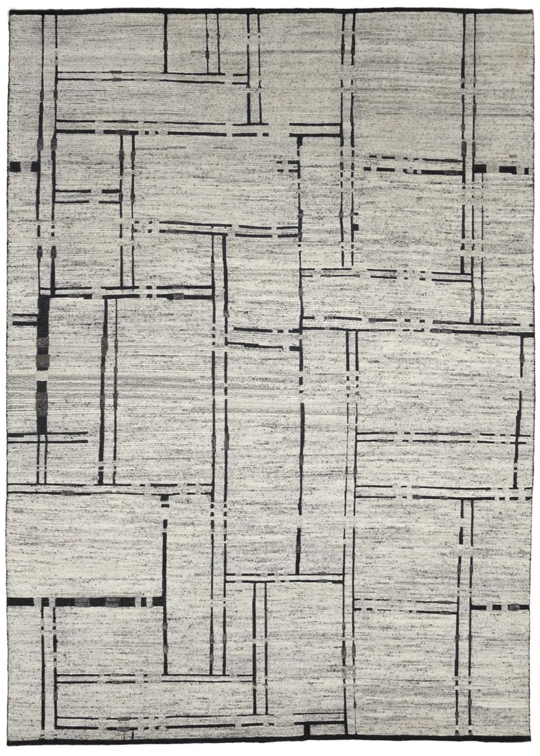 Hand-Knotted Modern Oriental Area Rug Cream Geometric 8'3 x 11'7 Wool (1 of 5)