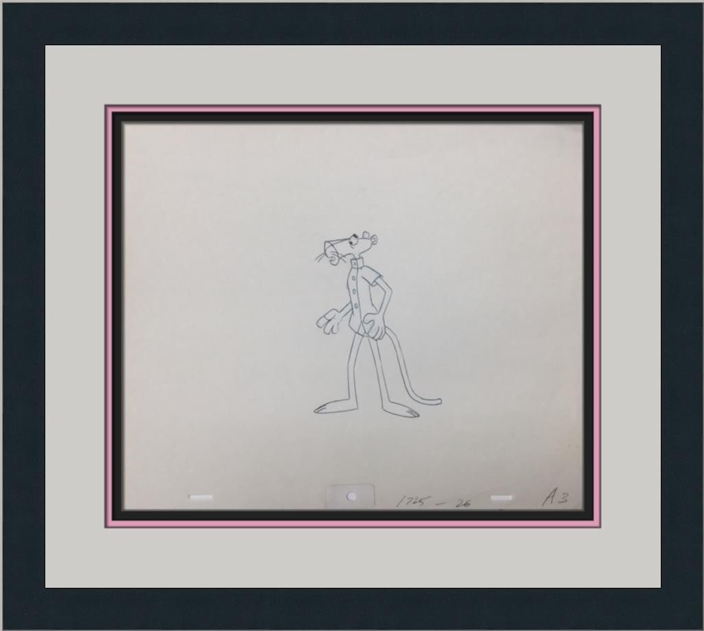 Original Pink Panther Model Sheet Drawing Custom Framed by MGM 1980: Original Pink Panther Model Sheet Drawing Custom Framed by MGM 1980 This original Pink Panther model sheet drawing, produced by DePatie-Freleng Enterprises in 1980, showcases the iconic character from