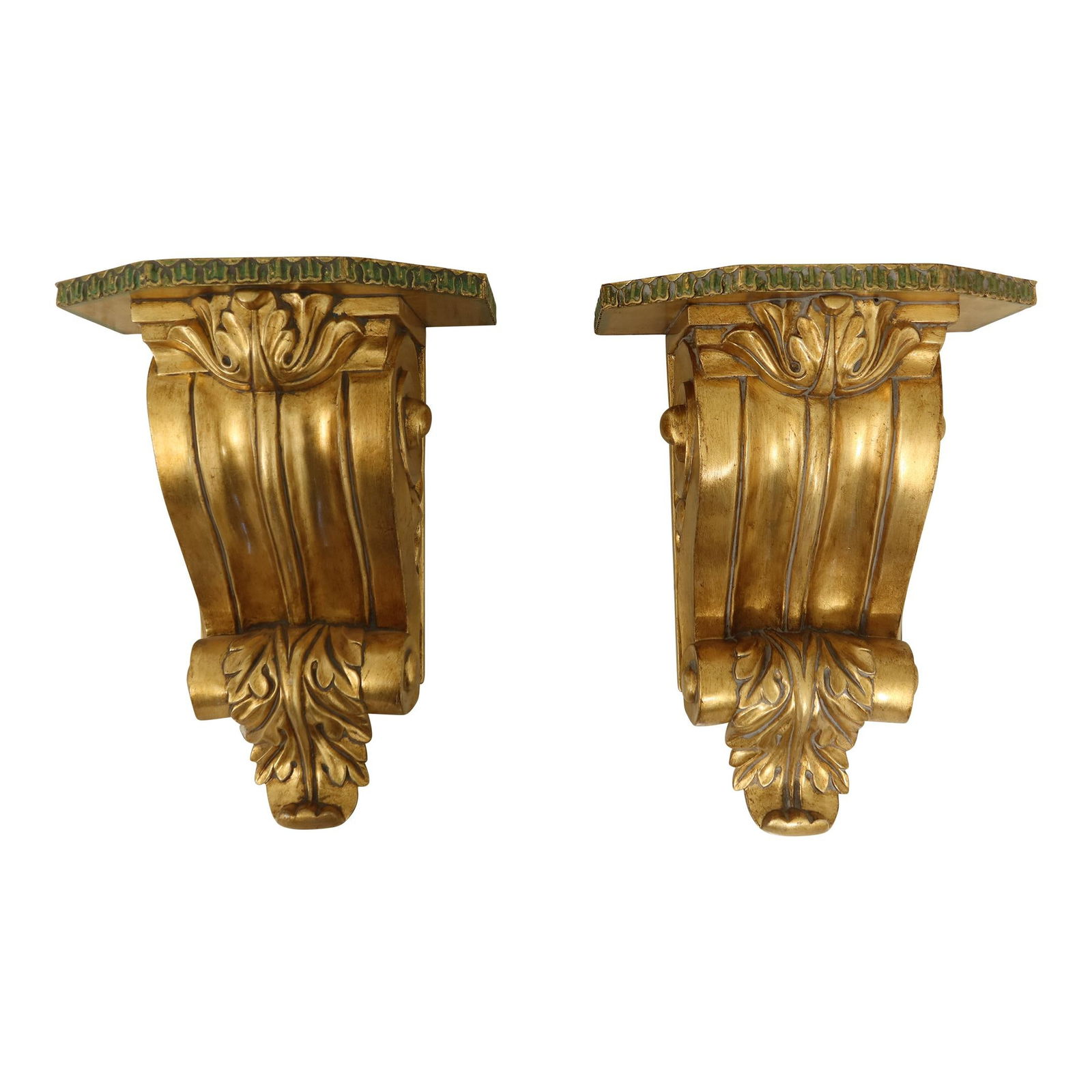 Large French Style Gold Wall Shelf Sconces Pair with Patina Highlights (1 of 9)