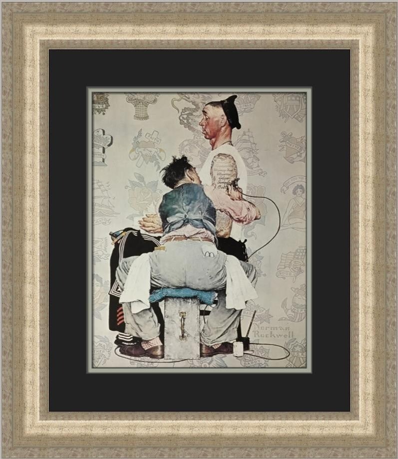 Norman Rockwell The Tattooist Custom Framed Art Print 1977: Norman Rockwell The Tattooist Custom Framed Art Print 1977 This custom framed print titled "The Tattooist" by renowned artist Norman Rockwell captures the essence of Americana with its striking imager