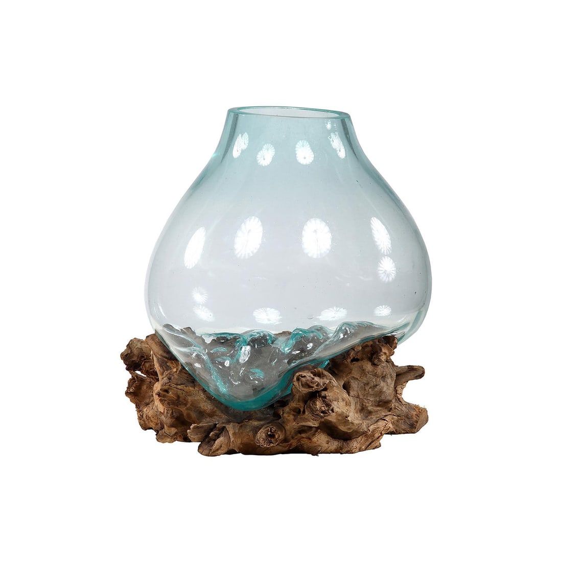 Boaz Aqua Glass Bowl with Teak Base 16H x 12W x 12D: Boaz Aqua Glass Bowl with Teak Base 16H x 12W x 12D This elegant aqua glass bowl features a stunning teak wood accent, blending modern design with natural elements. Perfect for use as a decorative pie