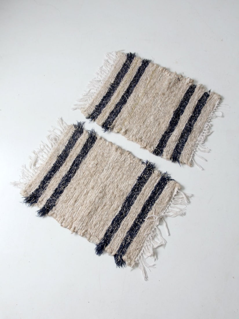Charming Vintage Hand Loomed Rug Pair Oatmeal with Blue Stripes (1 of 11)