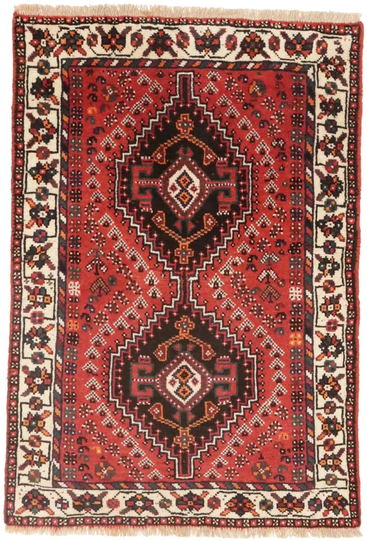 Vintage Handmade Wool Tribal Oriental Rug Red Geometric Design 3'2 x 4'8: Vintage Handmade Wool Tribal Oriental Rug Red Geometric Design 3'2 x 4'8 Enhance your space with this exquisite 3'2" x 4'8" vintage handmade wool tribal Oriental rug, featuring a rich palette of red,