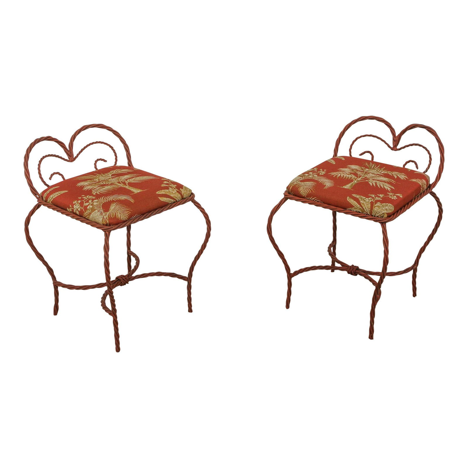Charming Pair of Tropical Upholstered Iron Benches with Rope Twist Design: Charming Pair of Tropical Upholstered Iron Benches with Rope Twist Design This exquisite pair of rope twist iron benches features a vibrant tropical upholstery, adding a touch of style to any space.
