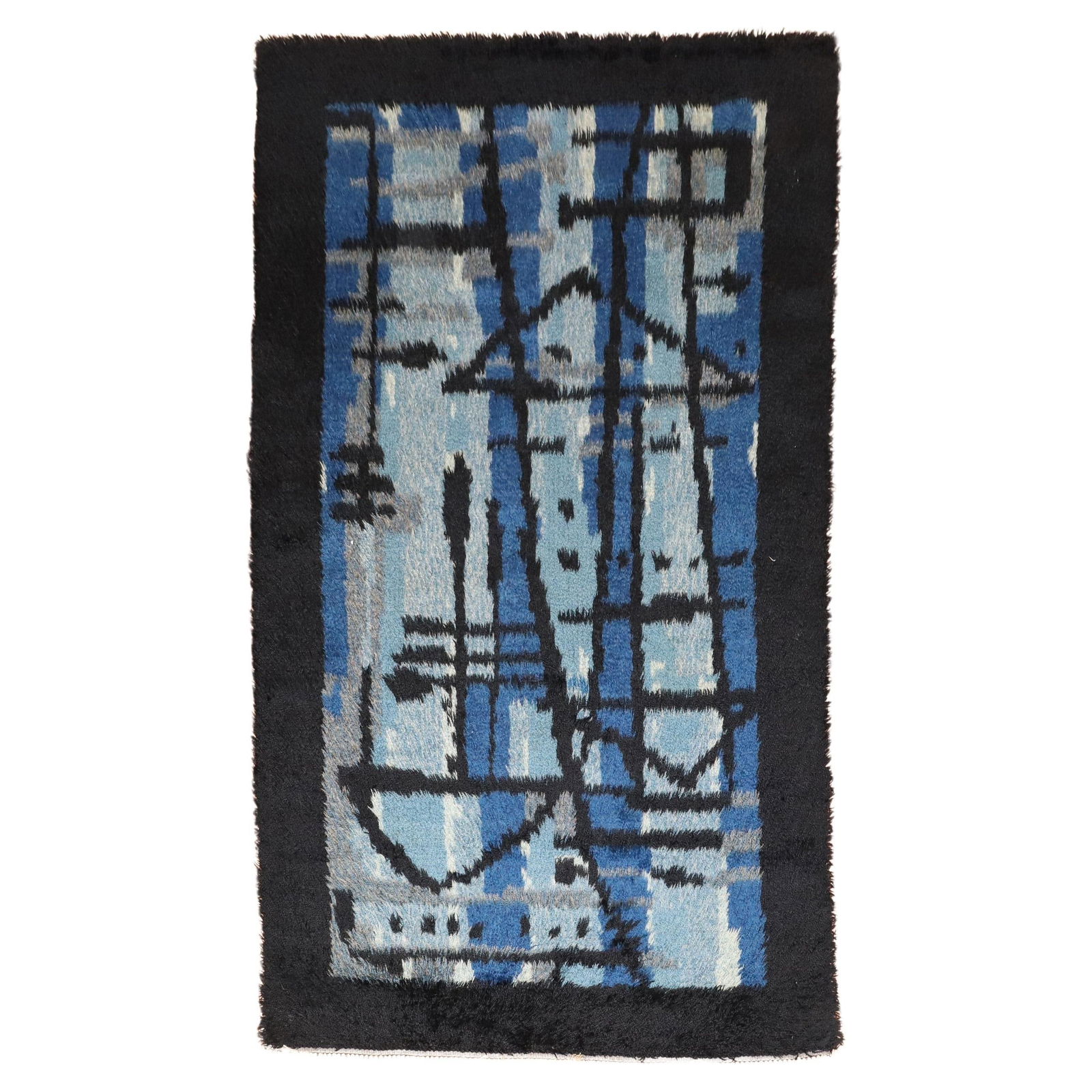 Zabihi Collection Hand-Woven Blue Swedish Rya Mini Rug 42 x 64: Zabihi Collection Hand-Woven Blue Swedish Rya Mini Rug 42 x 64 Experience the elegance of this Blue Swedish Rya Mini Rug, a stunning piece from the Mid-20th Century that showcases a rich array of