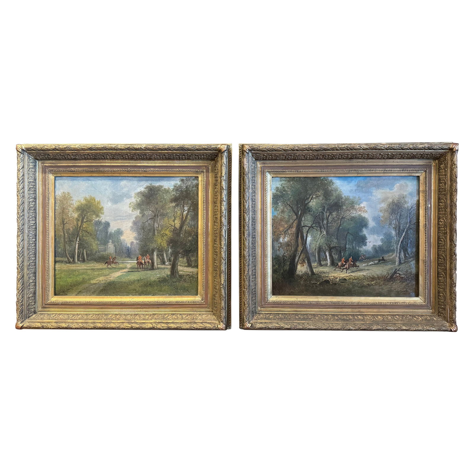 Pair of 19th Century French Oil Paintings by Florantin: Pair of 19th Century French Oil Paintings by Florantin This elegant pair of 19th-century French oil paintings, signed by the artist Florantin, beautifully depicts the traditional chasse a courre, a cl