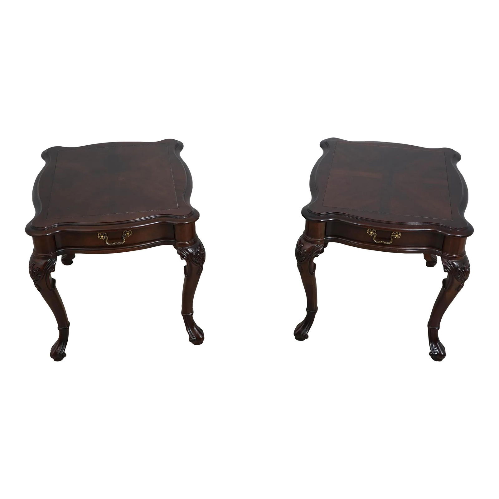 Elegant Century Georgian Style Cherry Wood End Tables Pair: Elegant Century Georgian Style Cherry Wood End Tables Pair This exquisite pair of Georgian style end tables features elegant scrolled feet and high-quality dovetailed drawer construction, showcasing