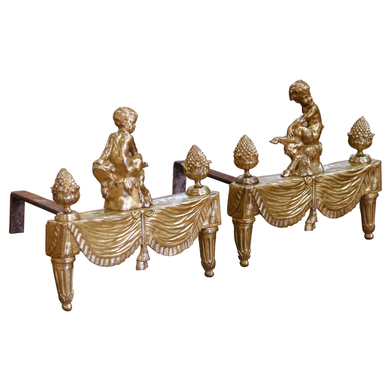 19th Century French Louis XVI Bronze Dore Andirons Set of 2 with Putti (1 of 9)