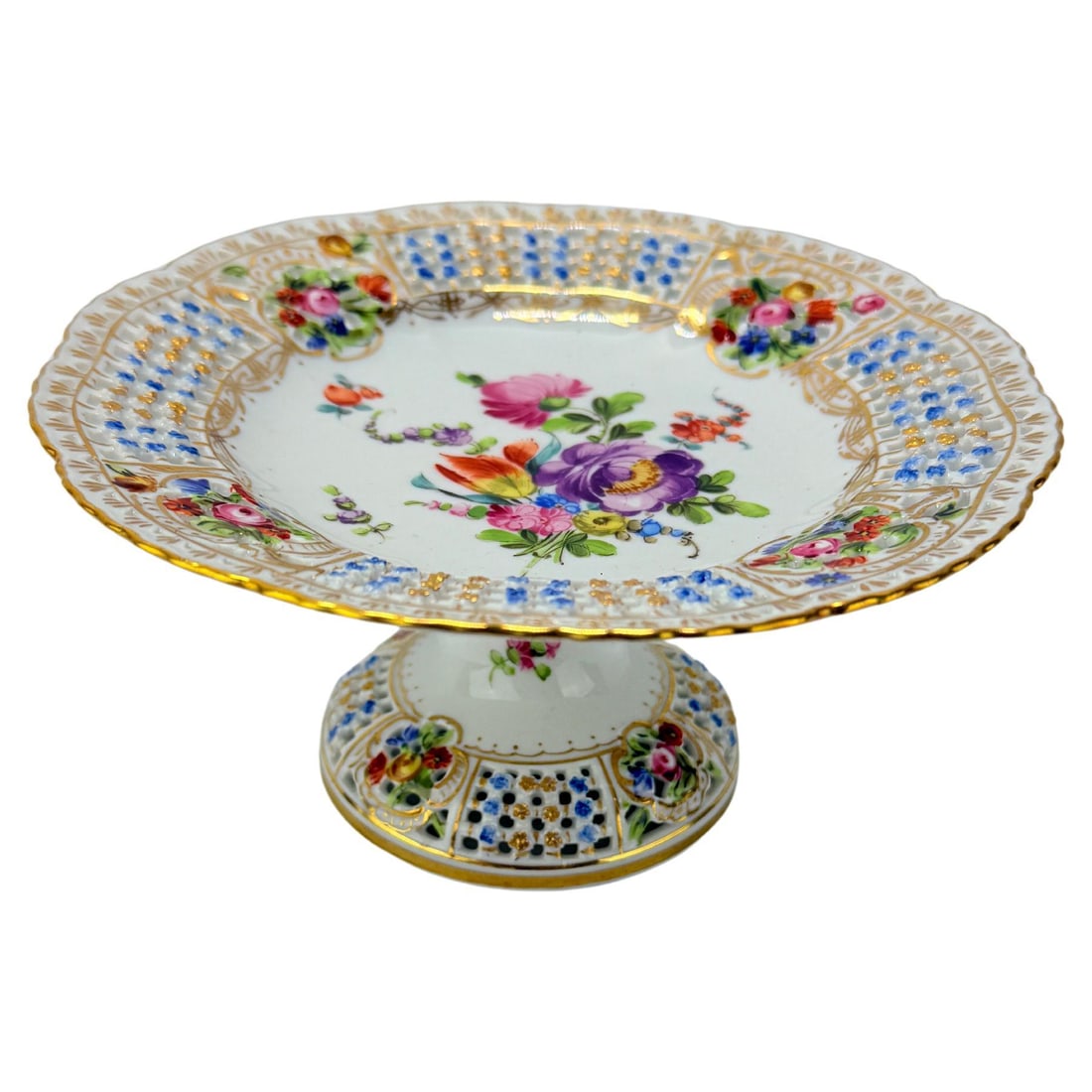 Dresden Porcelain Antique Floral Compote C. 1930 with Pierced Detailing (1 of 8)