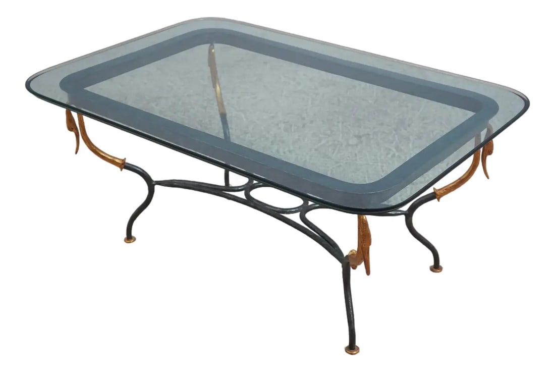 Regency Wrought Iron Swan Coffee Table with Beveled Glass Top: Regency Wrought Iron Swan Coffee Table with Beveled Glass Top This Regency Iron Swan Base Coffee Table is a stunning addition to any living space. Crafted with high-quality construction, it features a
