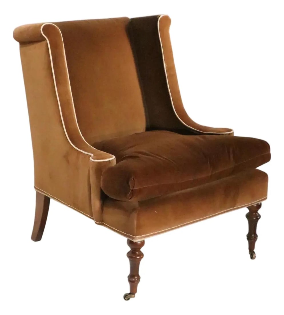 Lee Jofa Brown Velvet Wingback Lounge Chair with Brass Feet (1 of 10)