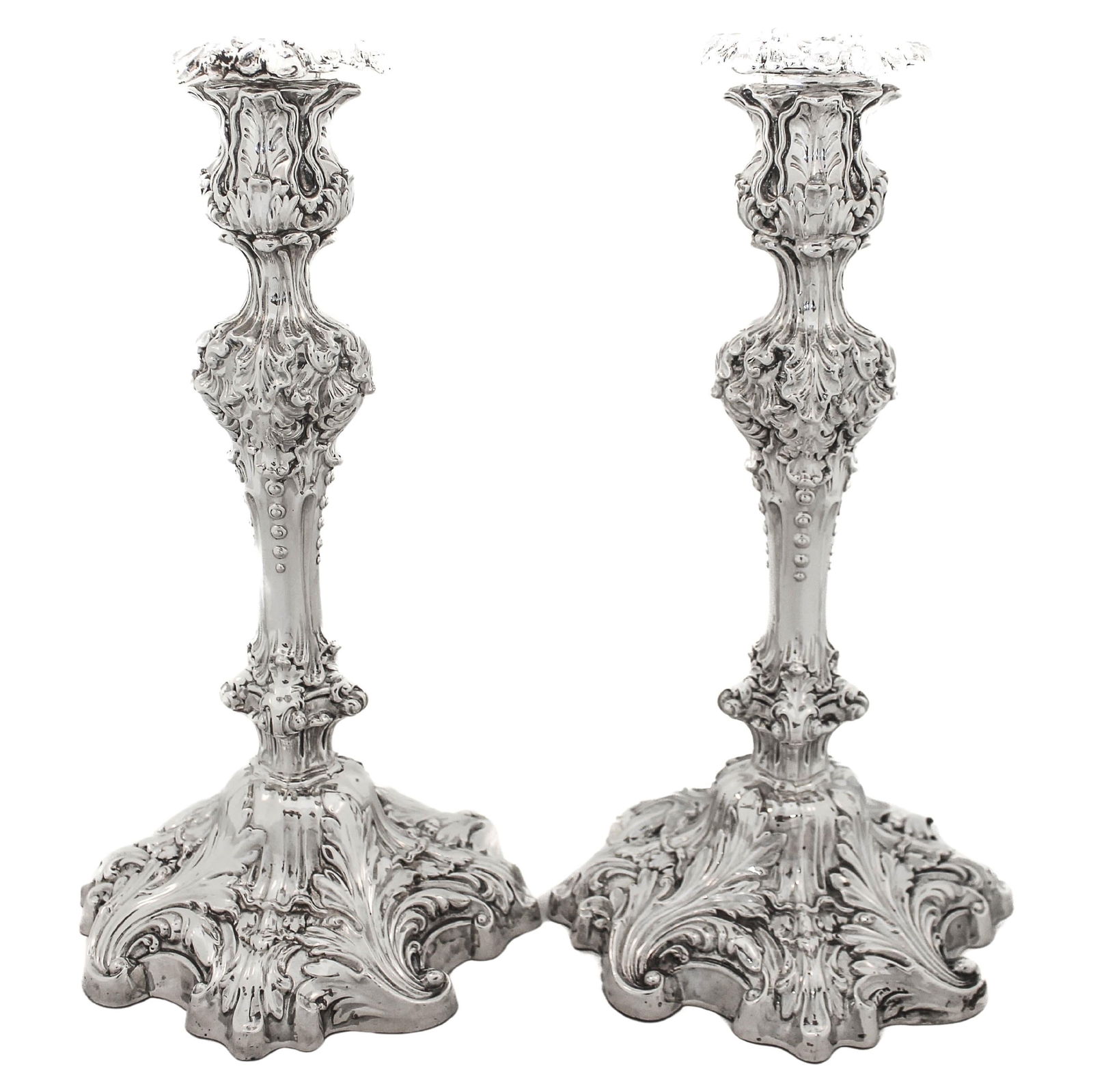 Frank W. Smith Sterling Silver Rococo Candlesticks Set of 2: Frank W. Smith Sterling Silver Rococo Candlesticks Set of 2 This exquisite pair of Rococo-style candlesticks, crafted from sterling silver, showcases the elaborate artistry characteristic of the perio