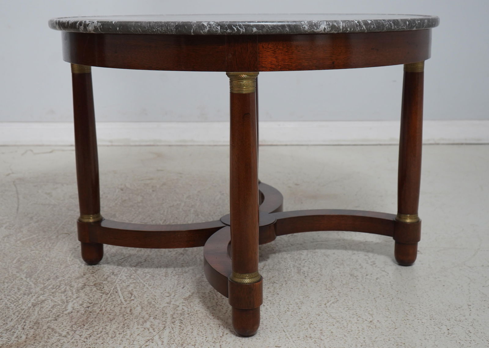 Vintage French Empire Round Table Mahogany Base Marble Top Brass Accents - 2