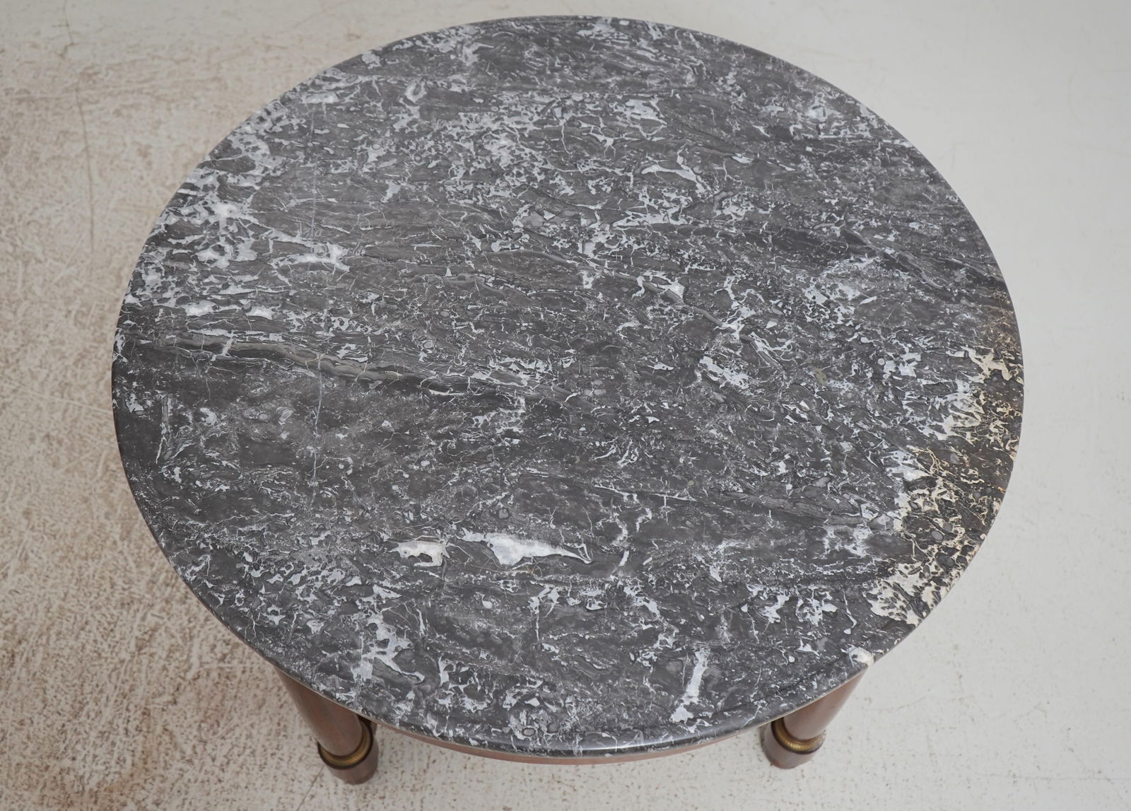 Vintage French Empire Round Table Mahogany Base Marble Top Brass Accents - 3