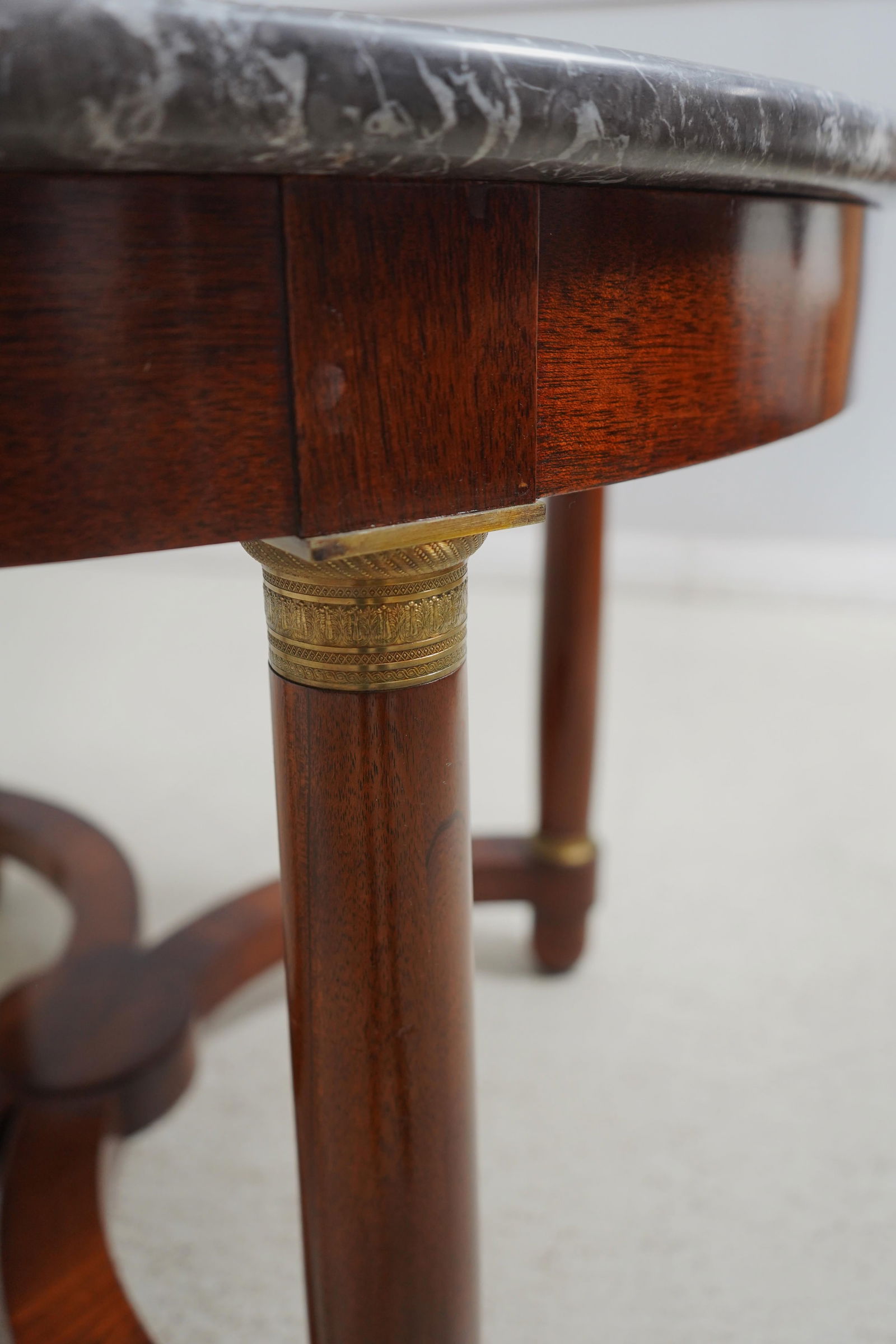 Vintage French Empire Round Table Mahogany Base Marble Top Brass Accents - 7