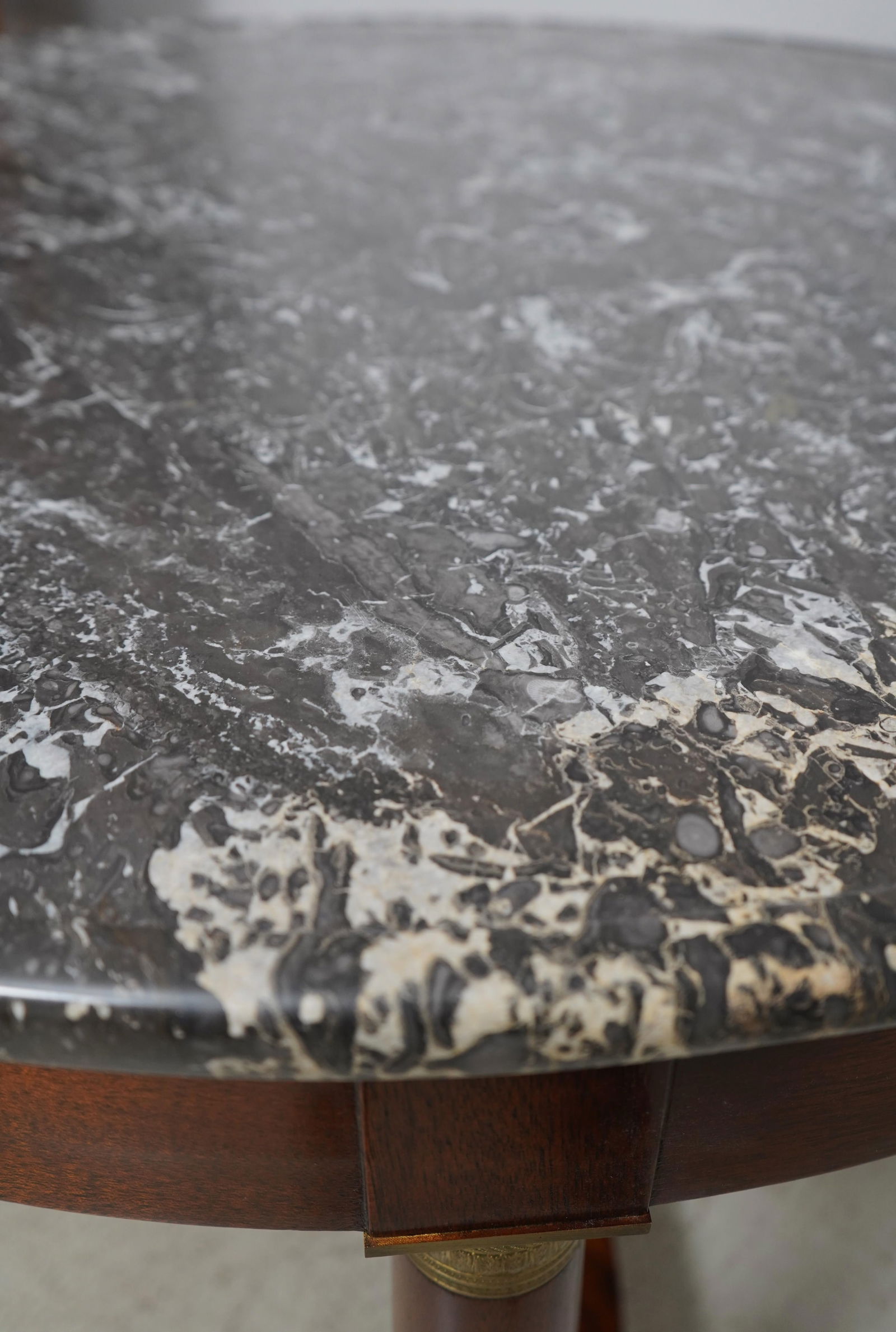 Vintage French Empire Round Table Mahogany Base Marble Top Brass Accents - 8