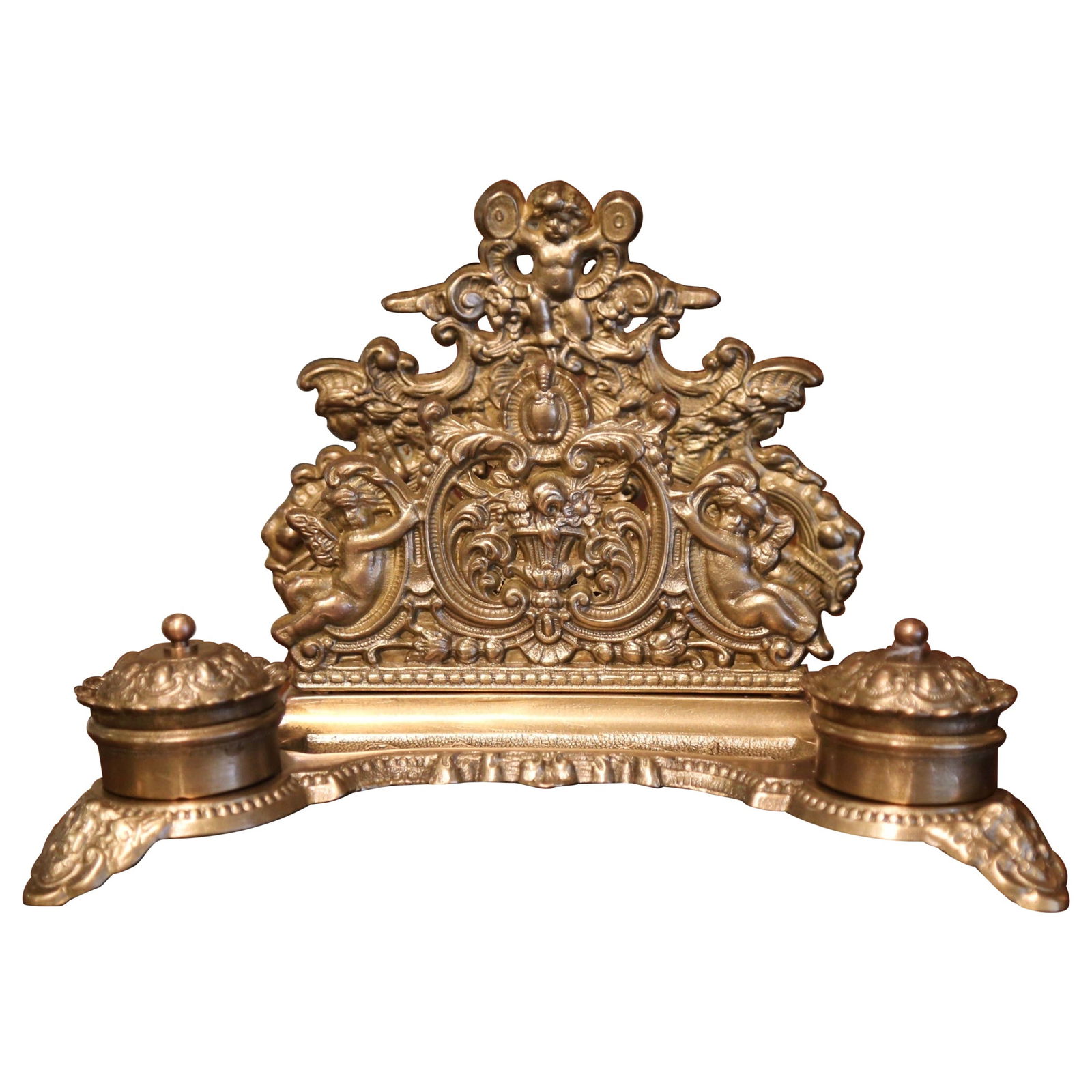 19th Century Louis XV Brass Inkwell and Letter Holder Belgium: 19th Century Louis XV Brass Inkwell and Letter Holder Belgium Enhance your workspace with this exquisite 19th Century Belgium Louis XV Rococo Repousse Brass Inkwell with Letter Holder. This