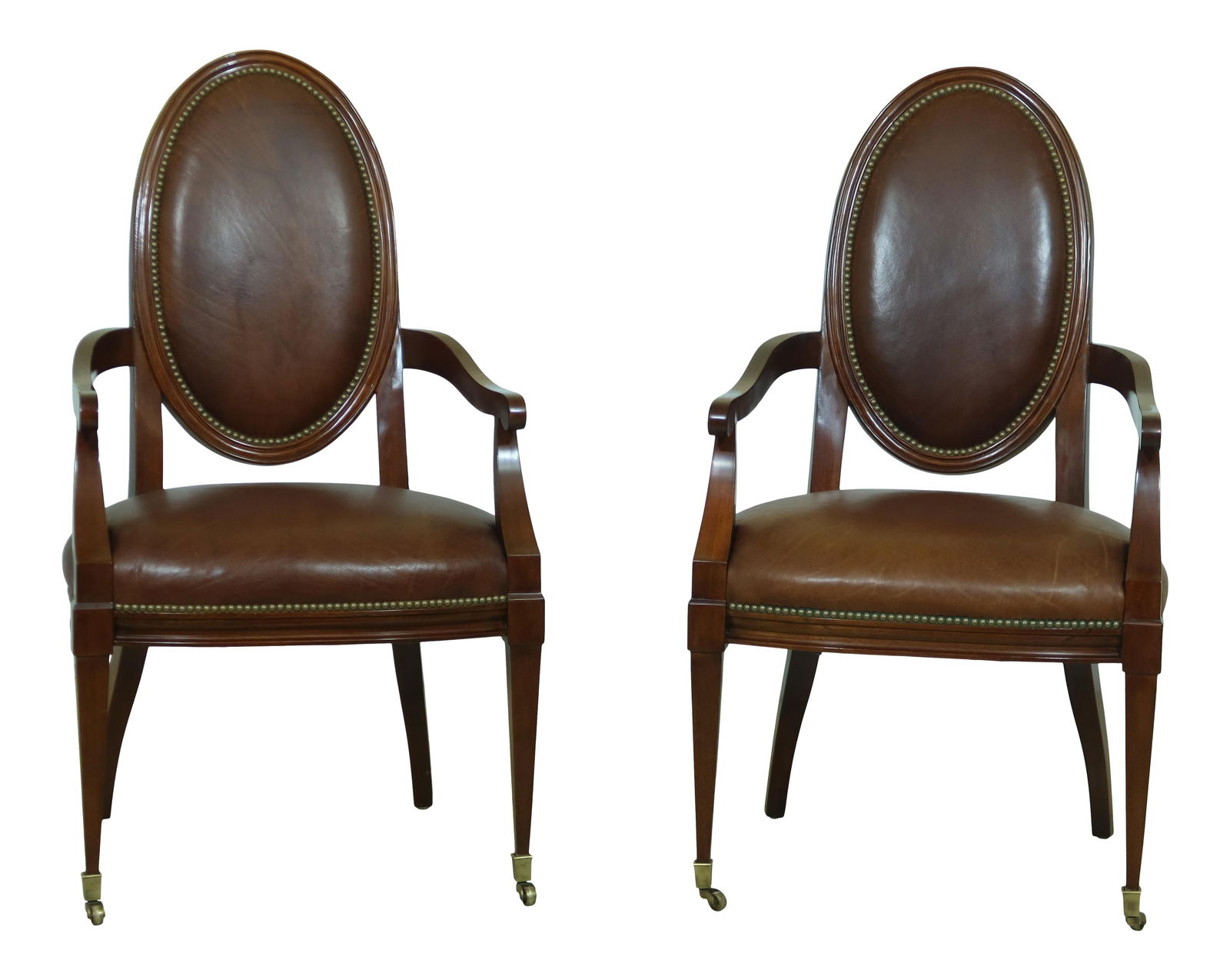 Councill Craftsmen Brown Leather Open Armchairs with Brass Feet: Councill Craftsmen Brown Leather Open Armchairs with Brass Feet This elegant pair of Councill Craftsmen open armchairs features a rich brown leather upholstery, showcasing high-quality construction